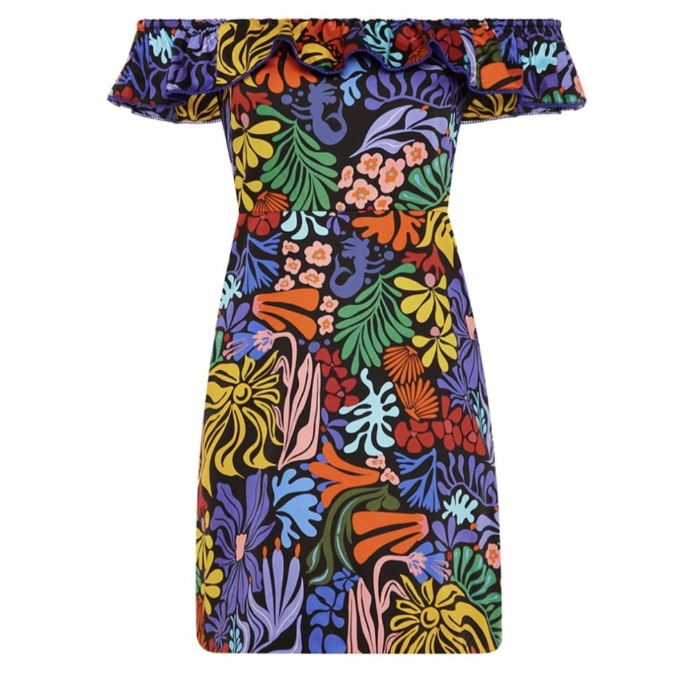 Borgo de Nor Nalani Off The Shoulder Mini Dress XS Colorful Ruffles Mermaid Sea